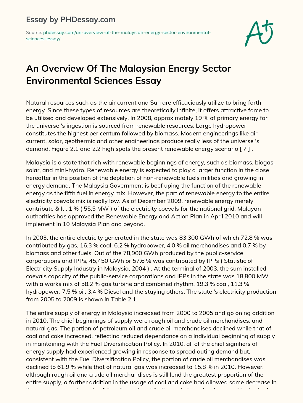 An Overview Of The Malaysian Energy Sector Environmental Sciences Essay essay