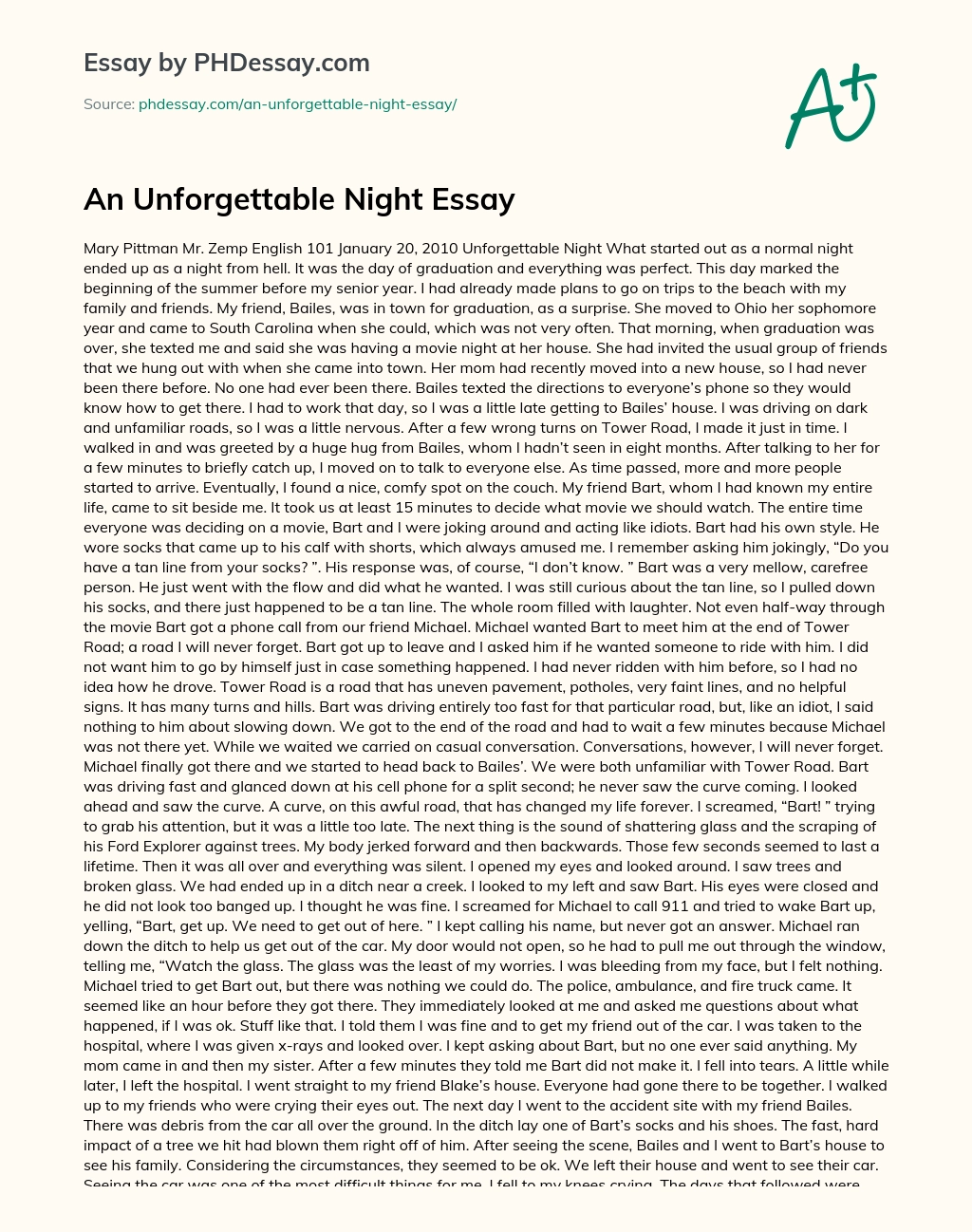 An Unforgettable Night Essay essay