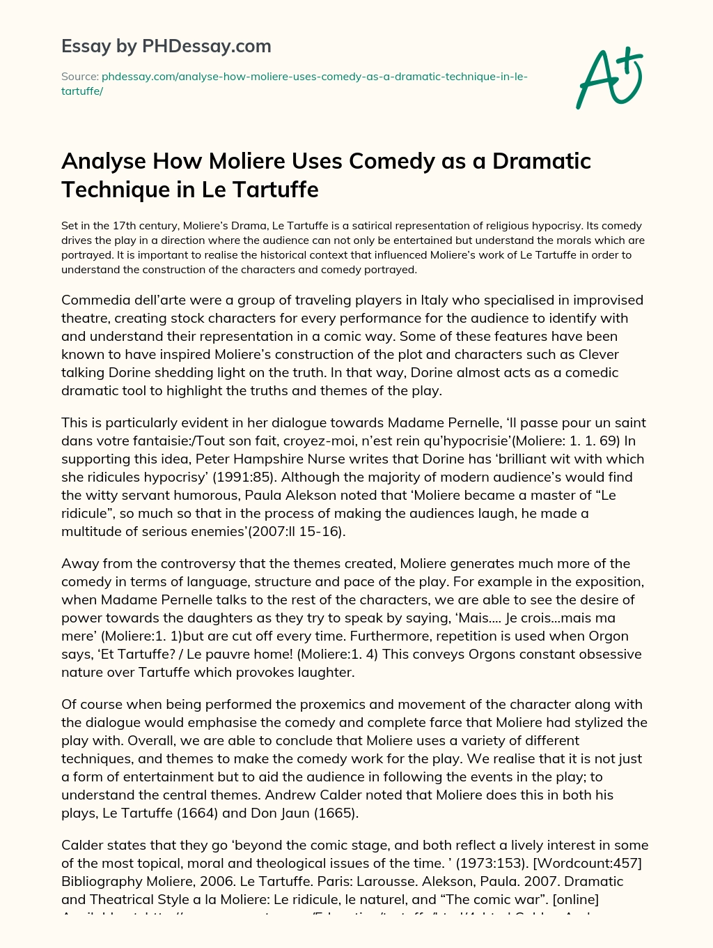 Analyse How Moliere Uses Comedy as a Dramatic Technique in Le Tartuffe essay