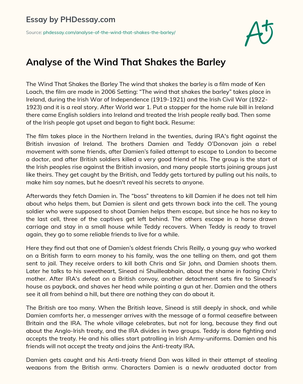 Analyse of the Wind That Shakes the Barley essay