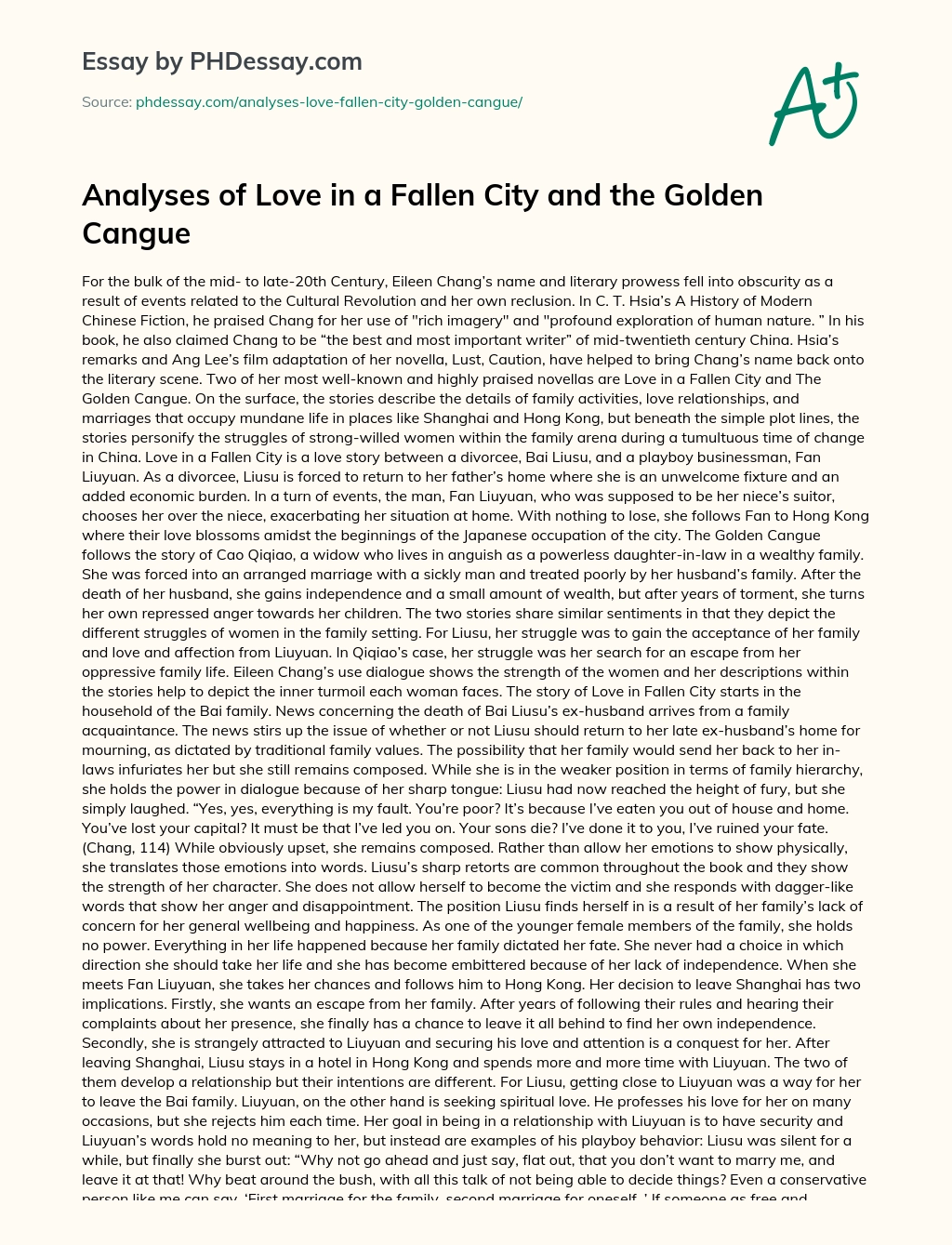 Analyses of Love in a Fallen City and the Golden Cangue essay
