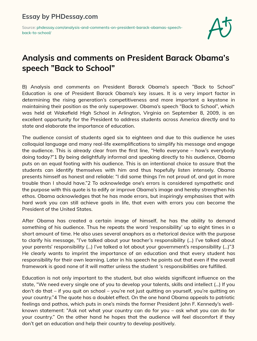 Analysis and comments on President Barack Obama’s speech ”Back to School” essay
