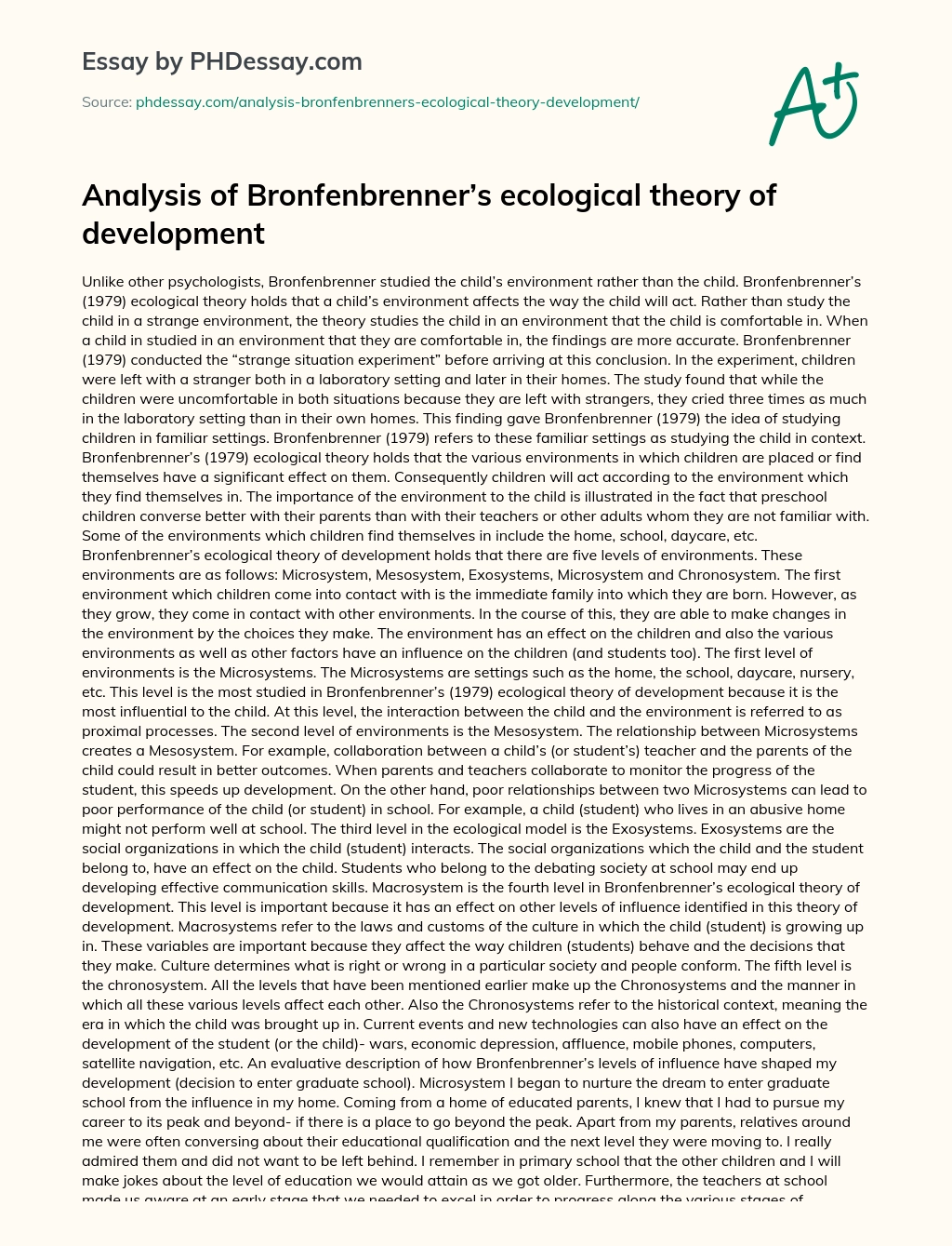 Analysis of Bronfenbrenner’s ecological theory of development essay
