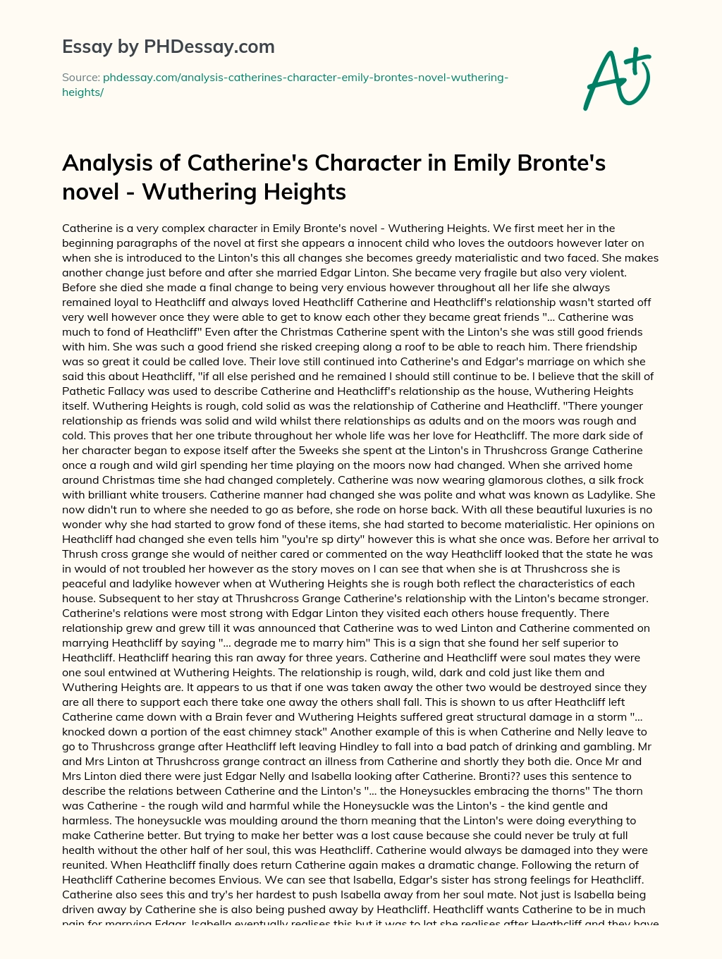 Analysis of Catherine’s Character in Emily Bronte’s novel – Wuthering Heights essay