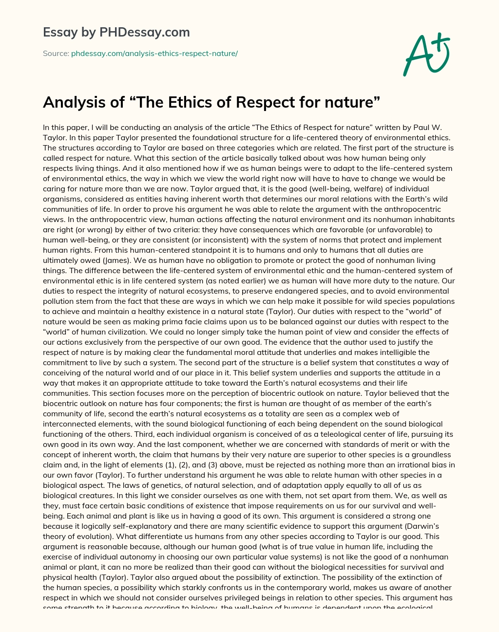 Analysis of “The Ethics of Respect for nature” essay