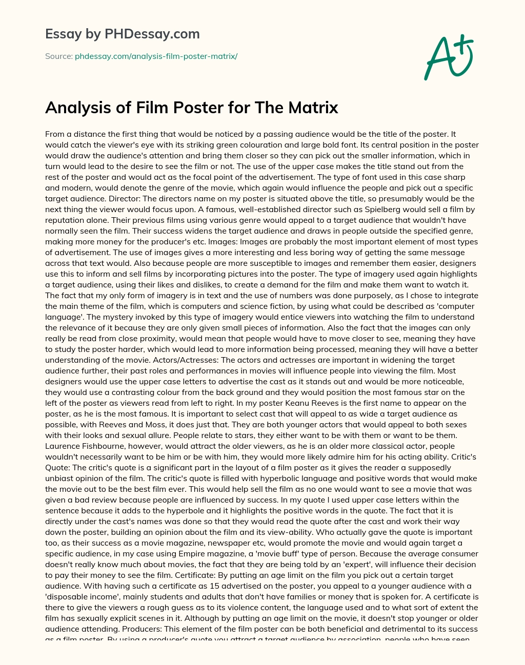 Analysis of Film Poster for The Matrix essay
