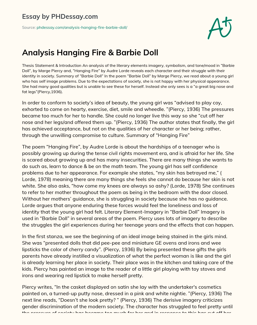 Analysis Hanging Fire & Barbie Doll essay