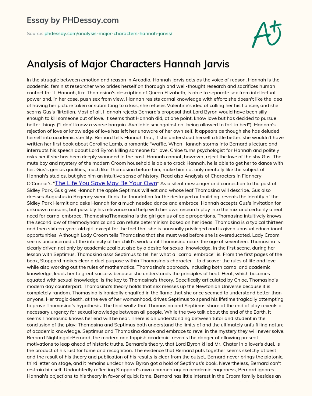 Analysis of Major Characters Hannah Jarvis essay
