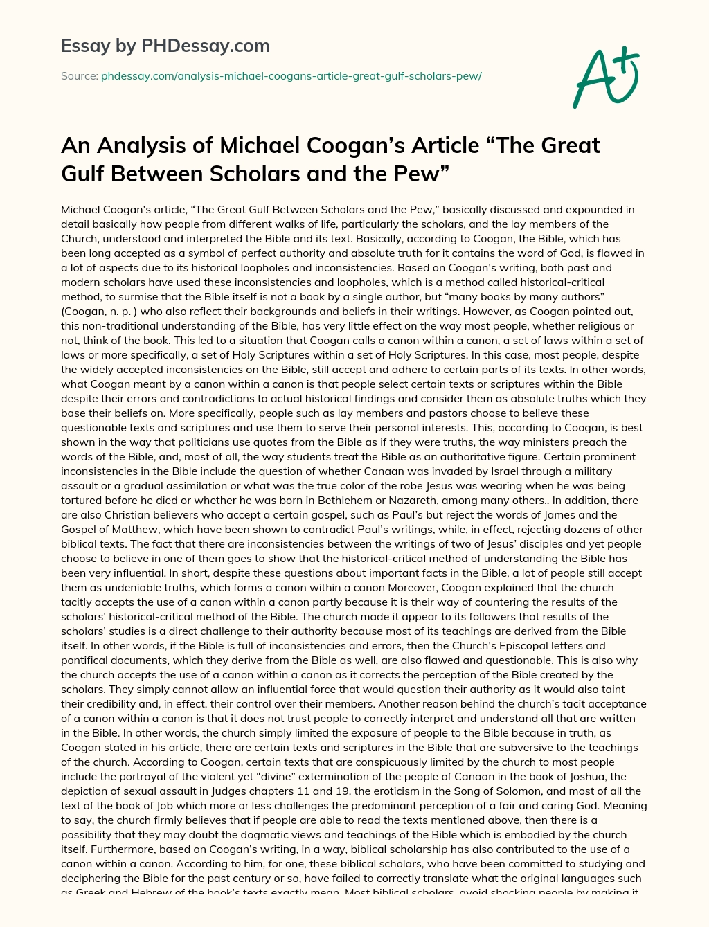 An Analysis of Michael Coogan’s Article “The Great Gulf Between Scholars and the Pew” essay