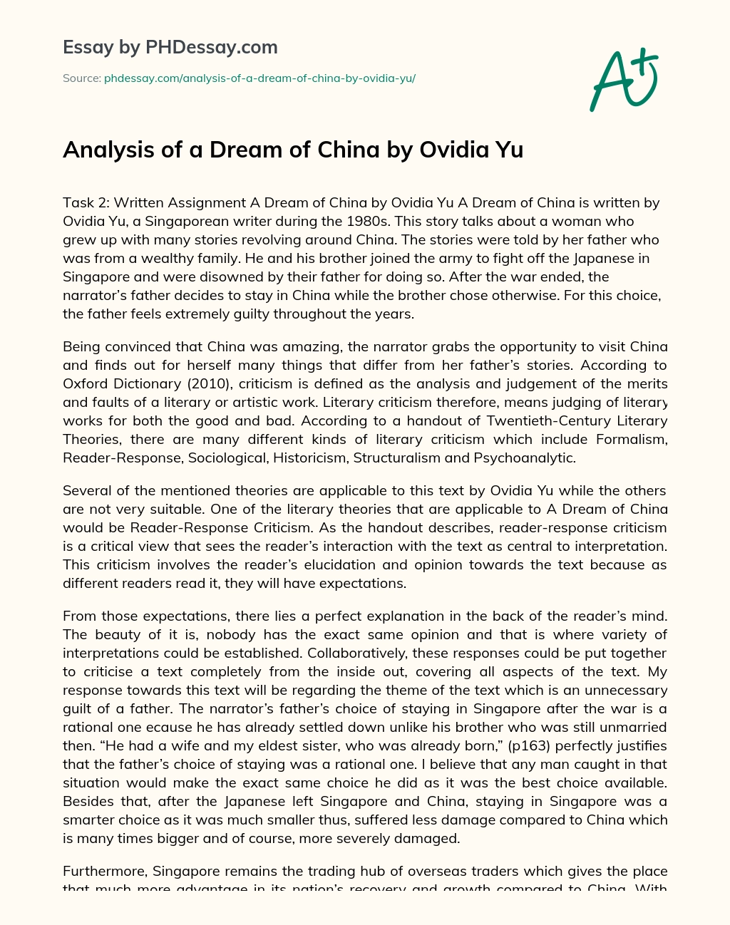 Analysis of a Dream of China by Ovidia Yu essay