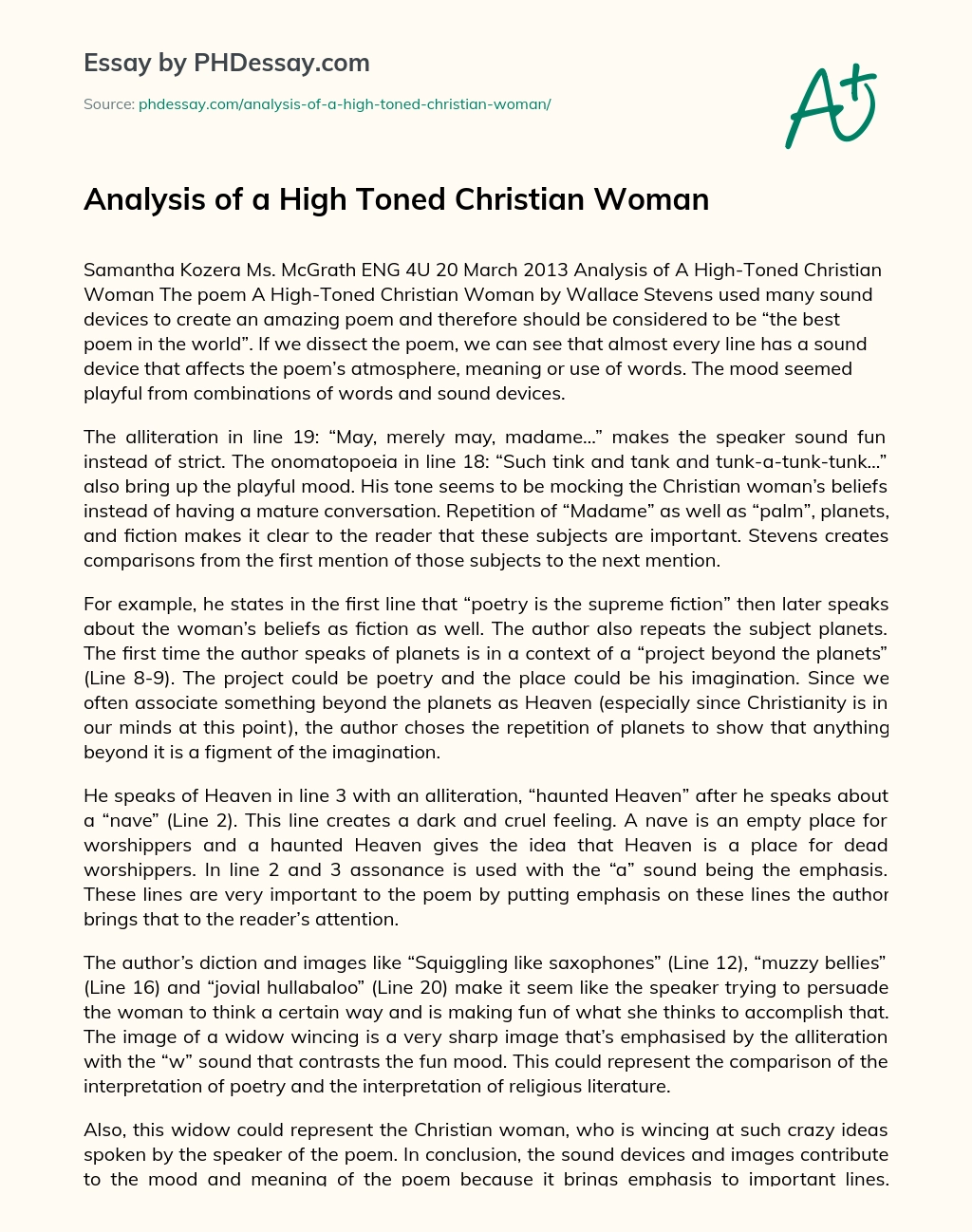 Analysis of a High Toned Christian Woman essay