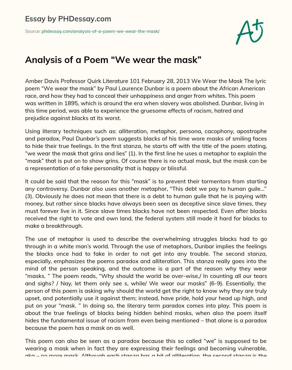 Analysis of a Poem “We wear the mask” essay