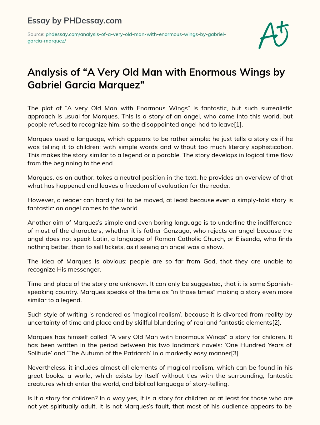 Analysis of “A Very Old Man with Enormous Wings by Gabriel Garcia Marquez” essay