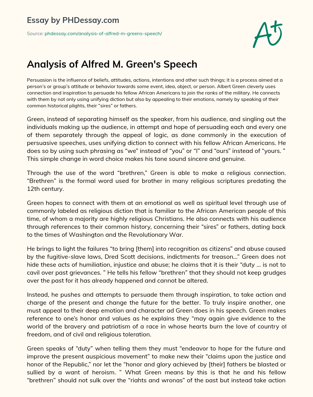 Analysis of Alfred M. Green’s Speech essay