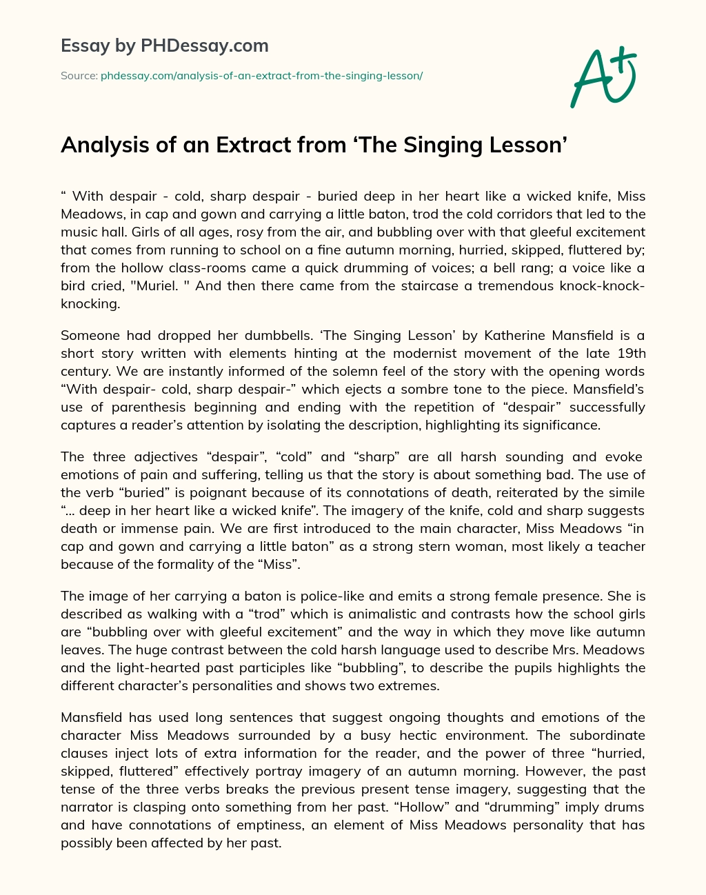 Analysis of an Extract from ‘The Singing Lesson’ essay