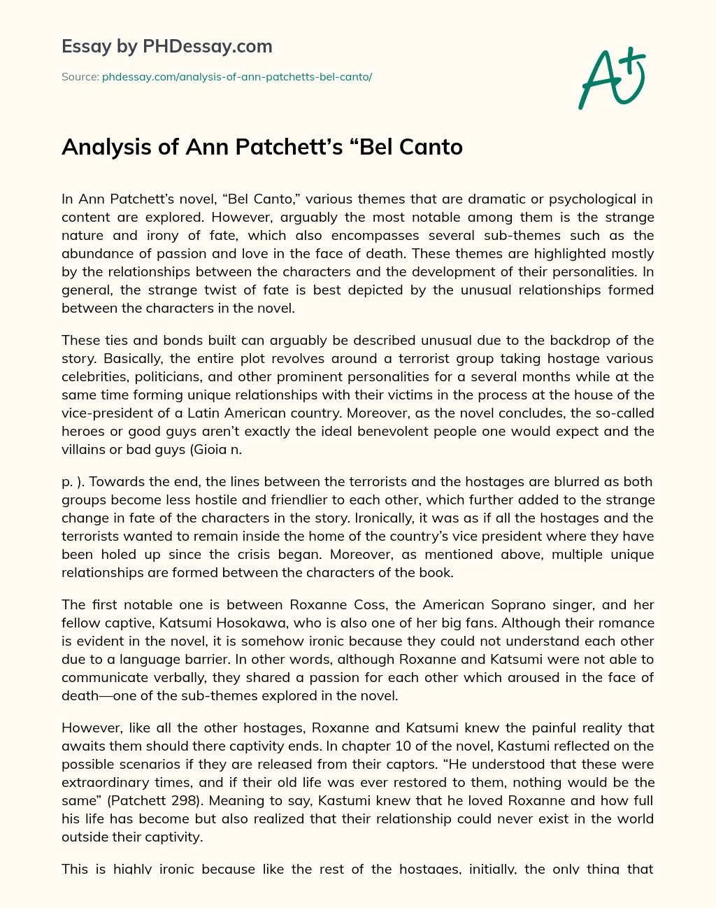 Analysis of Ann Patchett’s “Bel Canto essay