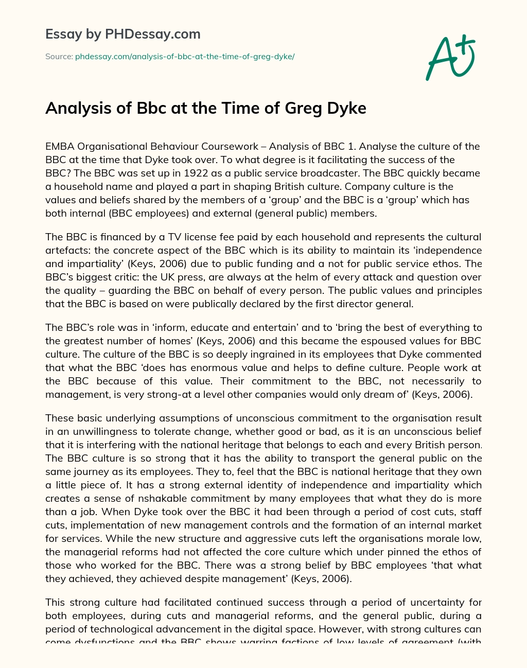 Analysis of Bbc at the Time of Greg Dyke essay