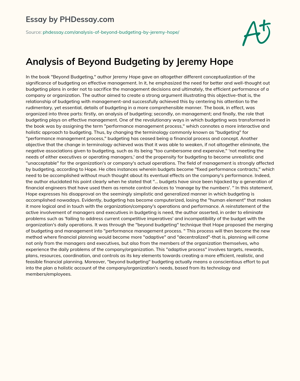 Analysis of Beyond Budgeting by Jeremy Hope essay