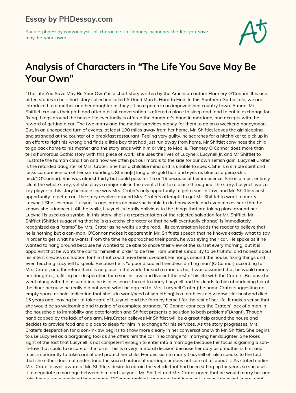 Analysis of Characters in “The Life You Save May Be Your Own” essay