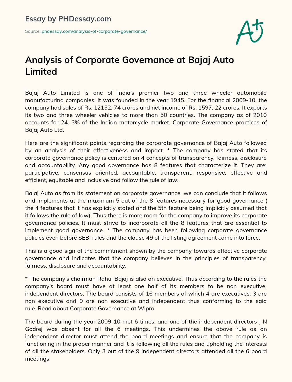 Analysis of Corporate Governance at Bajaj Auto Limited essay