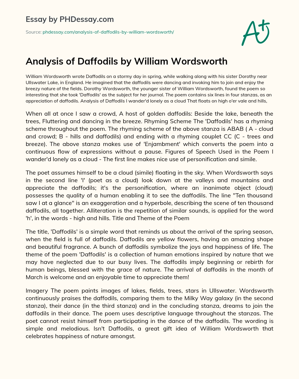 Analysis of Daffodils by William Wordsworth - PHDessay.com