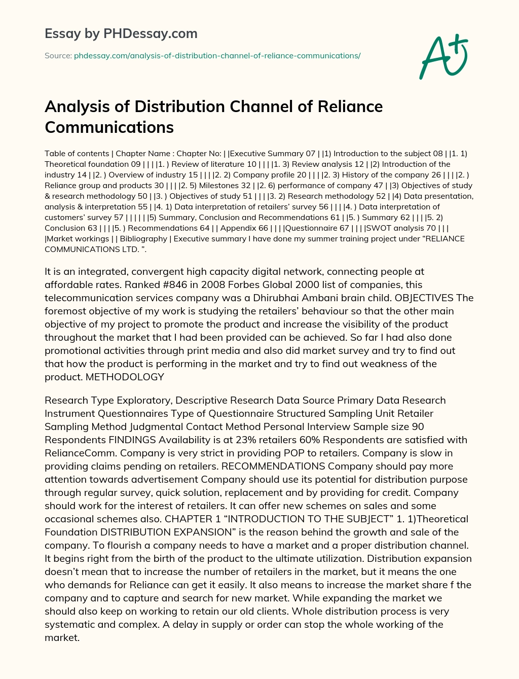Analysis of Distribution Channel of Reliance Communications essay