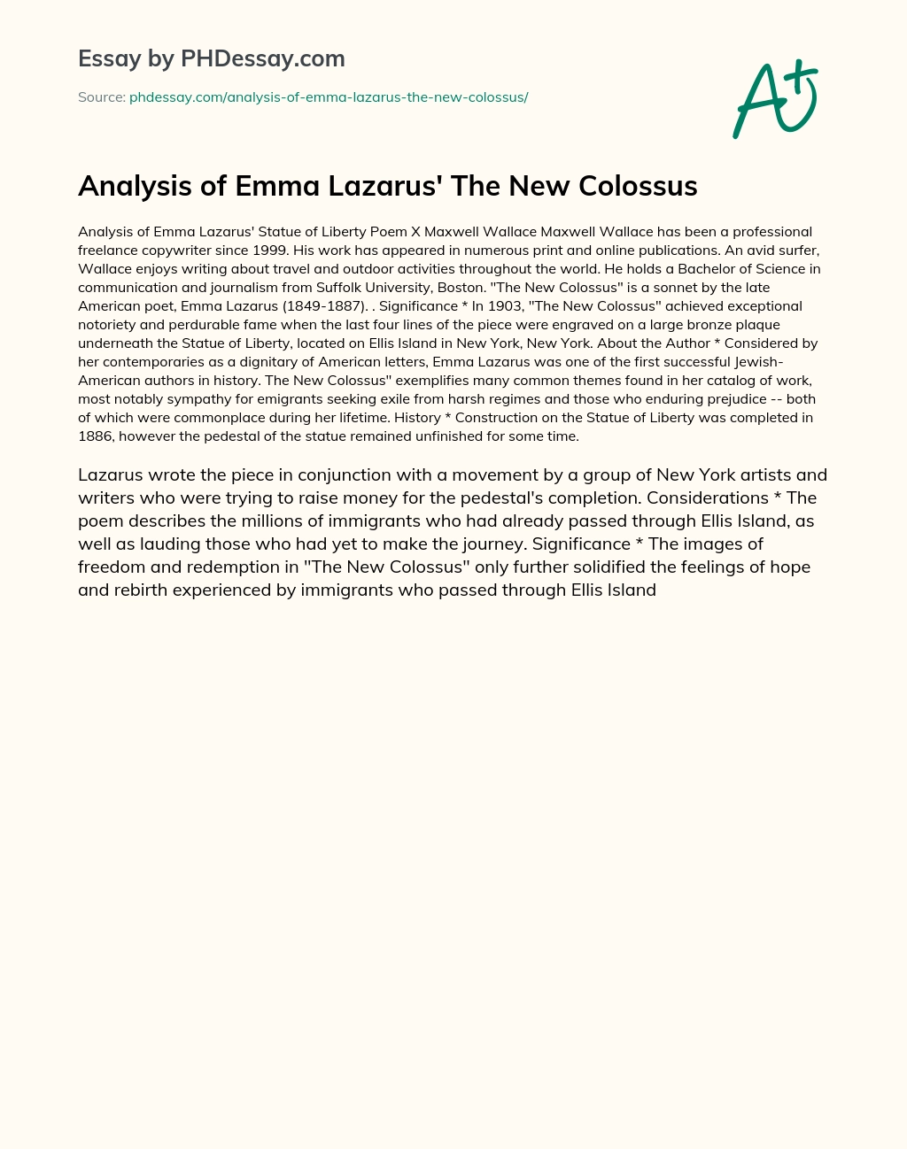 Analysis of Emma Lazarus’ The New Colossus essay