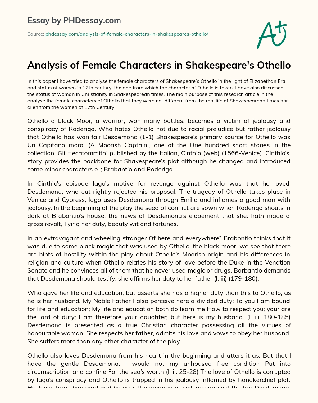 Analysis of Female Characters in Shakespeare’s Othello essay