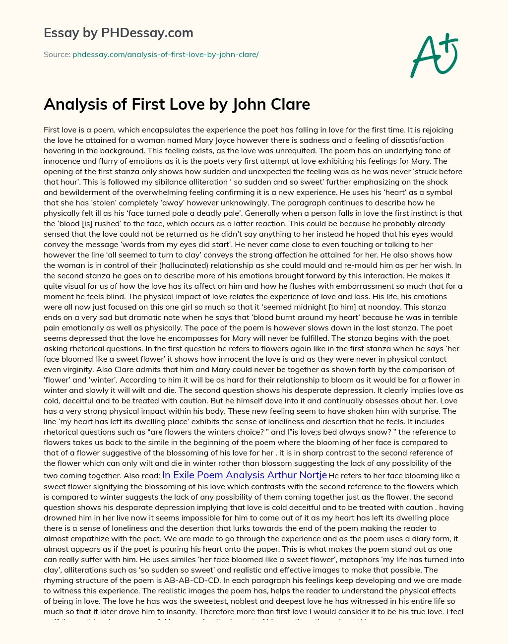 Analysis of First Love by John Clare essay