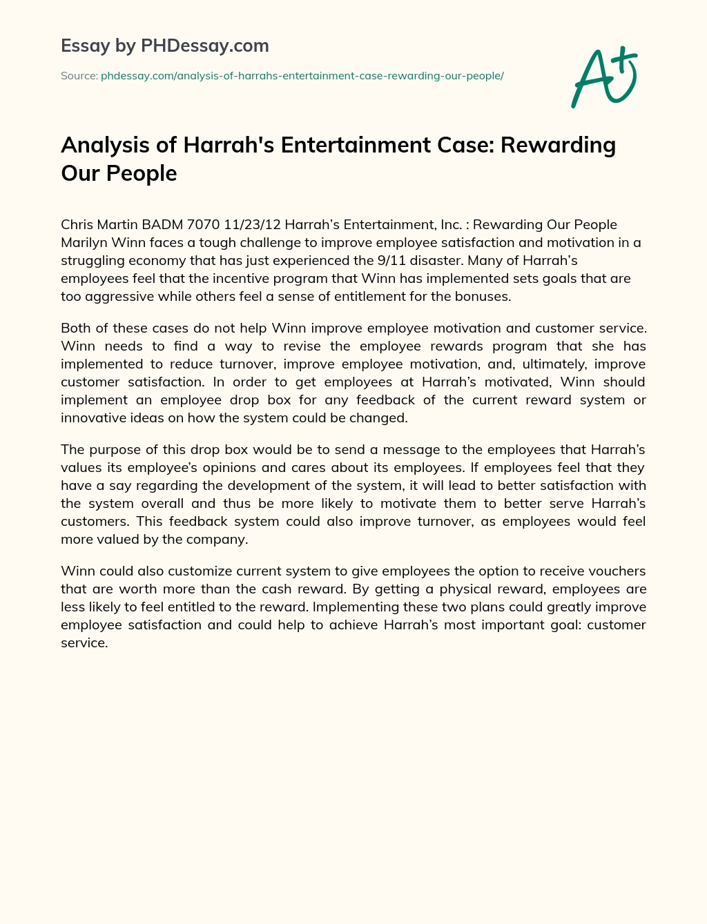 Analysis of Harrah’s Entertainment Case: Rewarding Our People essay