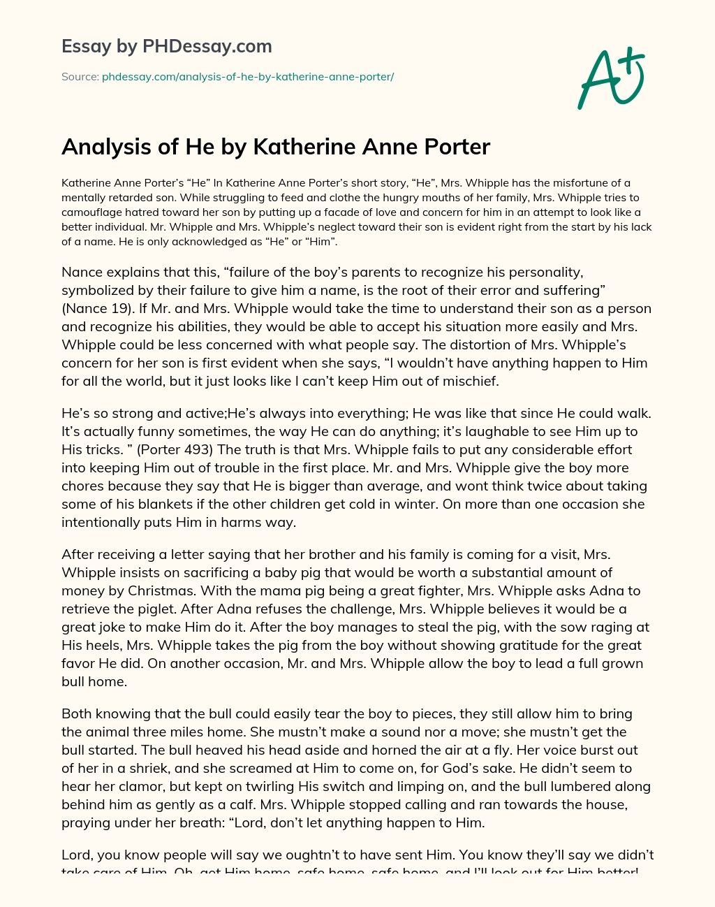 Analysis of He by Katherine Anne Porter essay