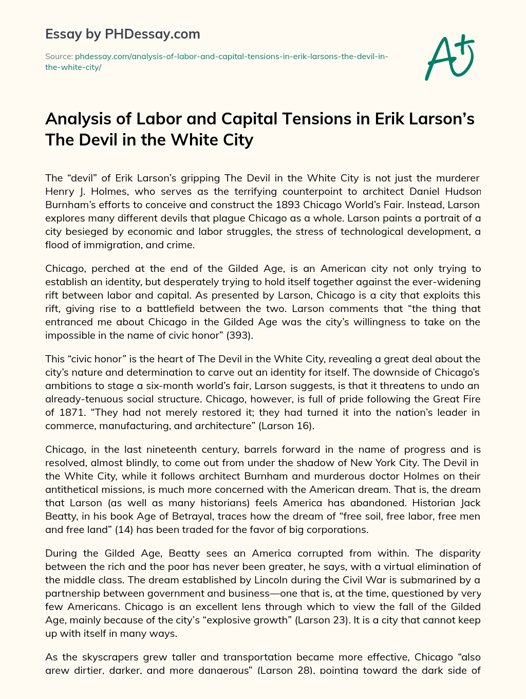 Analysis of Labor and Capital Tensions in Erik Larson’s The Devil in the White City essay