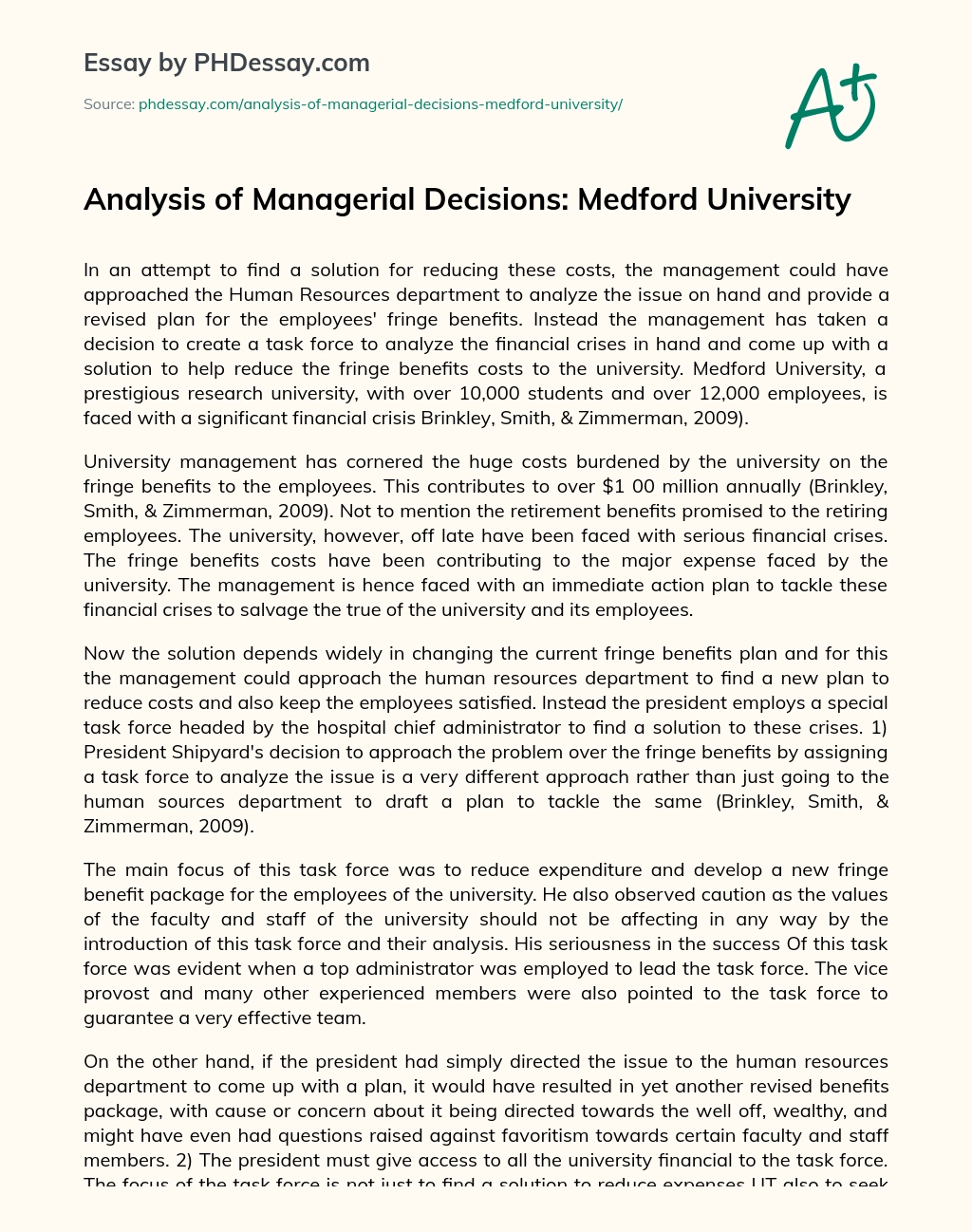 Analysis of Managerial Decisions: Medford University essay