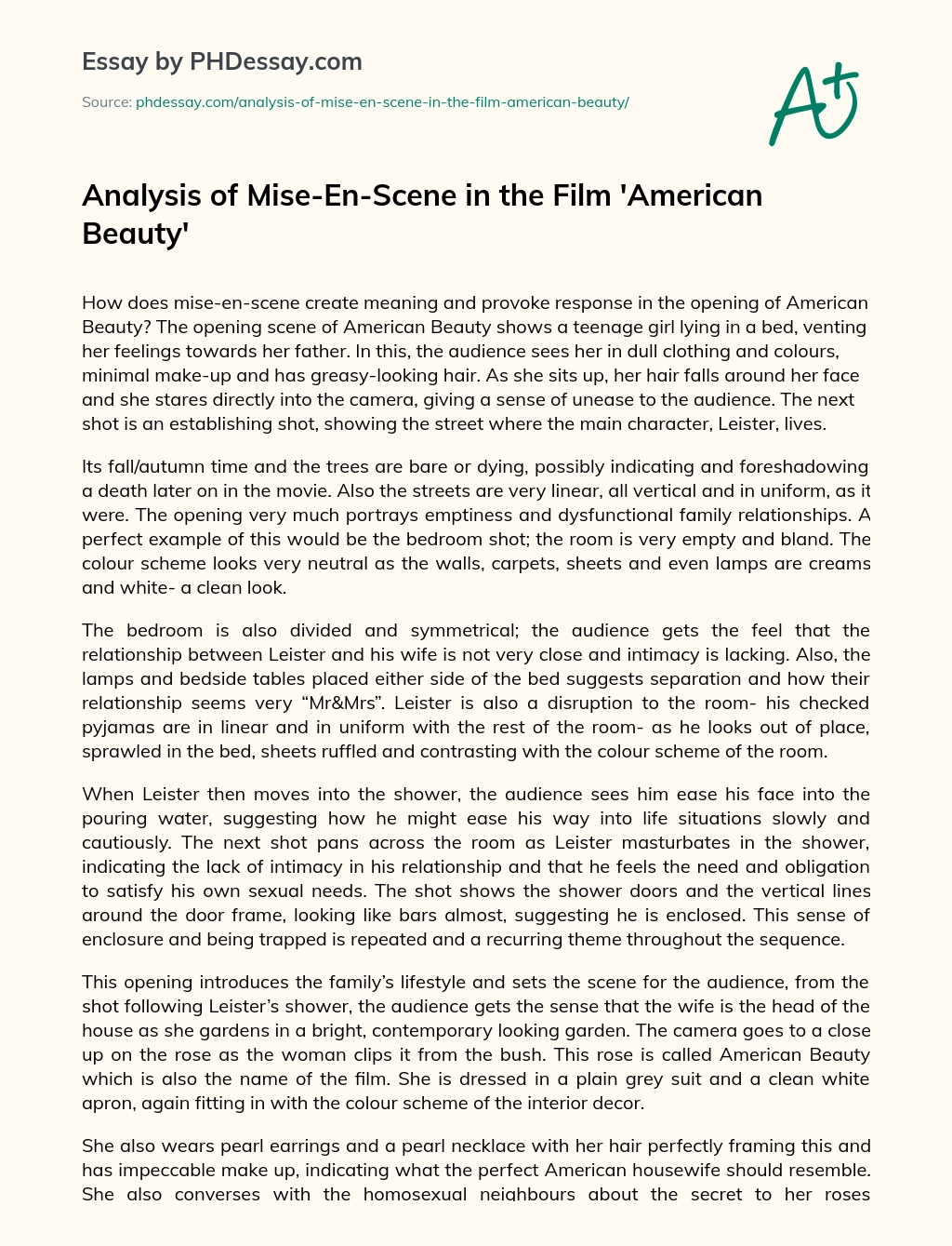 Analysis of Mise-En-Scene in the Film ‘American Beauty’ essay
