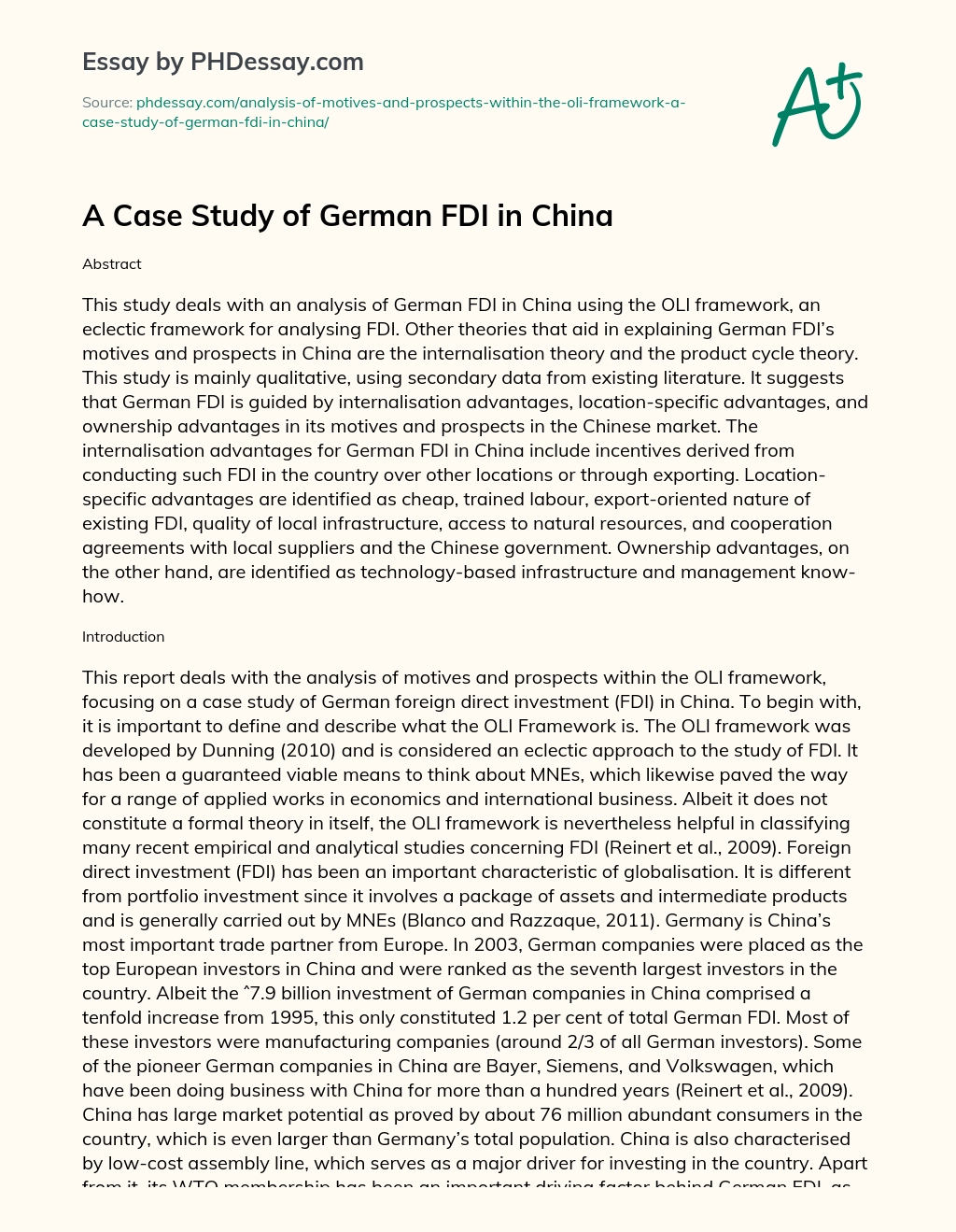 A Case Study of German FDI in China essay