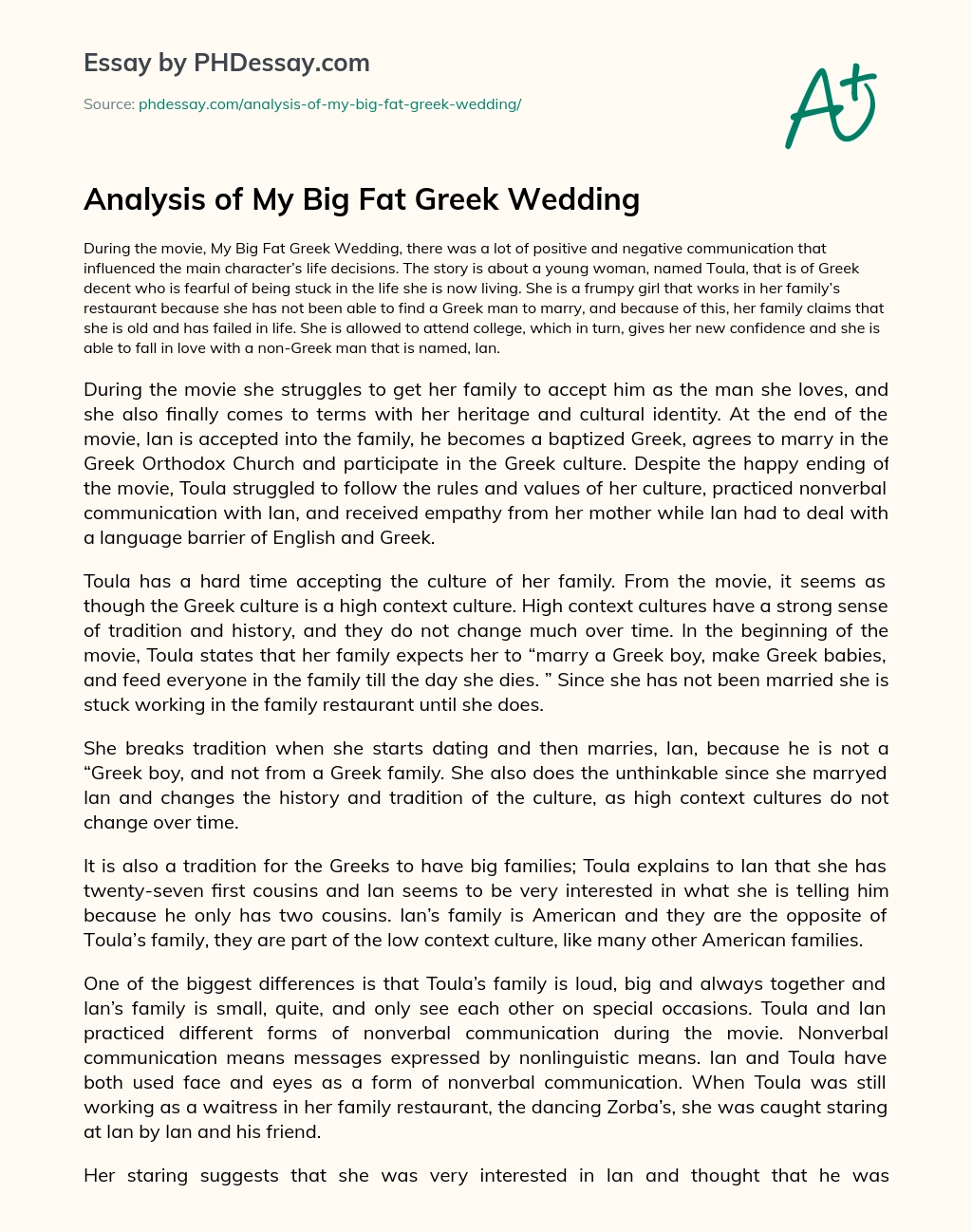 Analysis of My Big Fat Greek Wedding essay