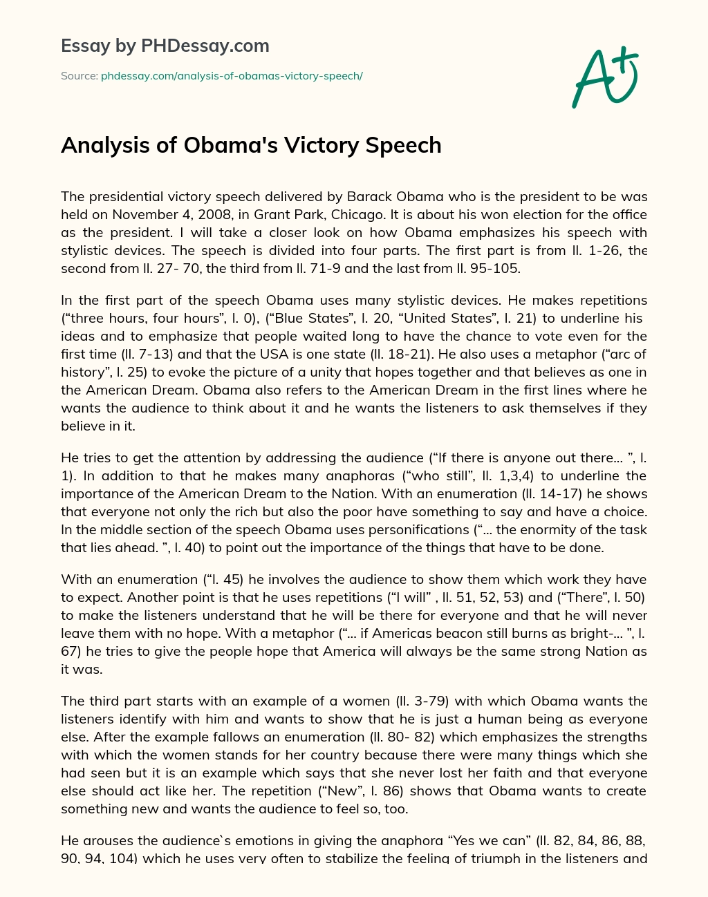 Analysis of Obama’s Victory Speech essay