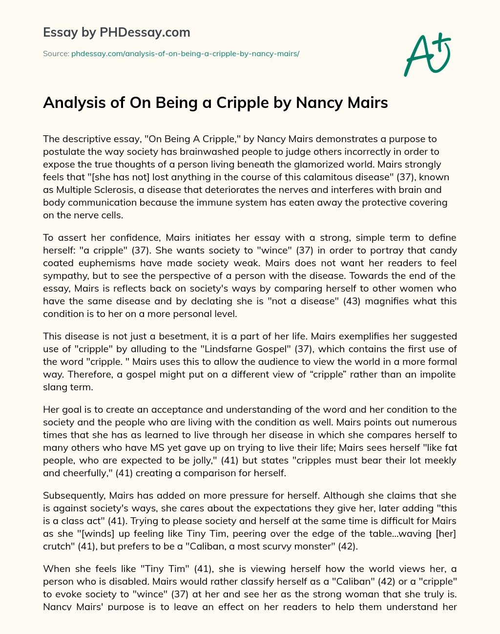 Analysis of On Being a Cripple by Nancy Mairs essay