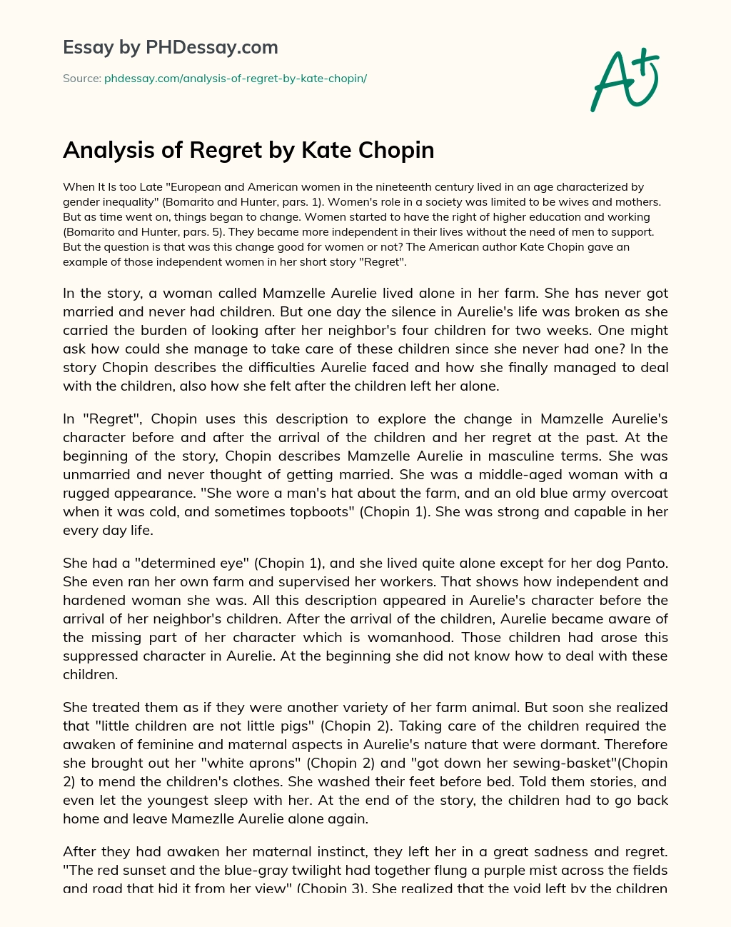 Analysis of Regret by Kate Chopin essay
