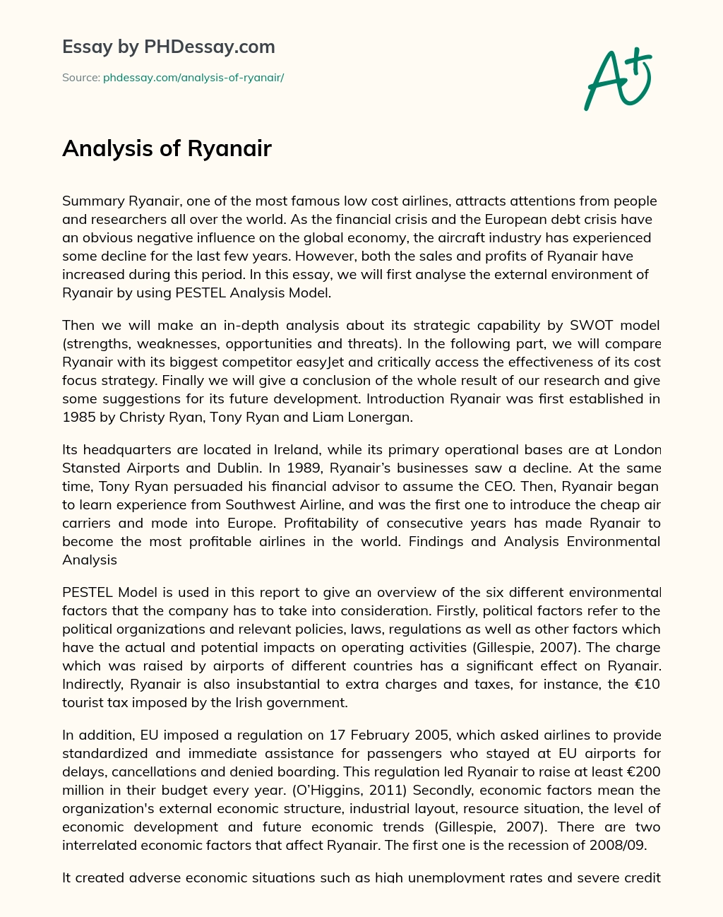 Analysis of Ryanair essay