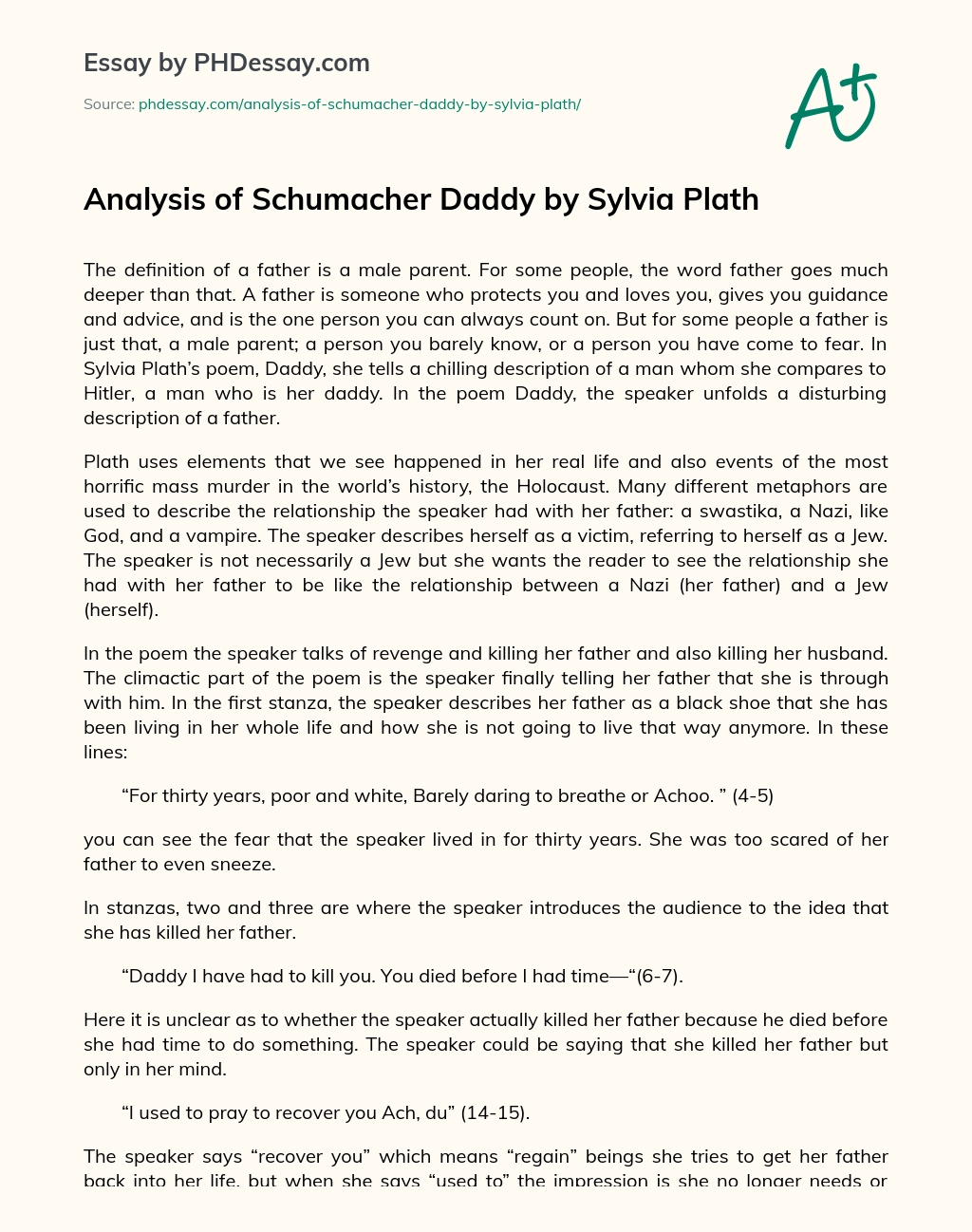 Analysis of Schumacher Daddy by Sylvia Plath essay