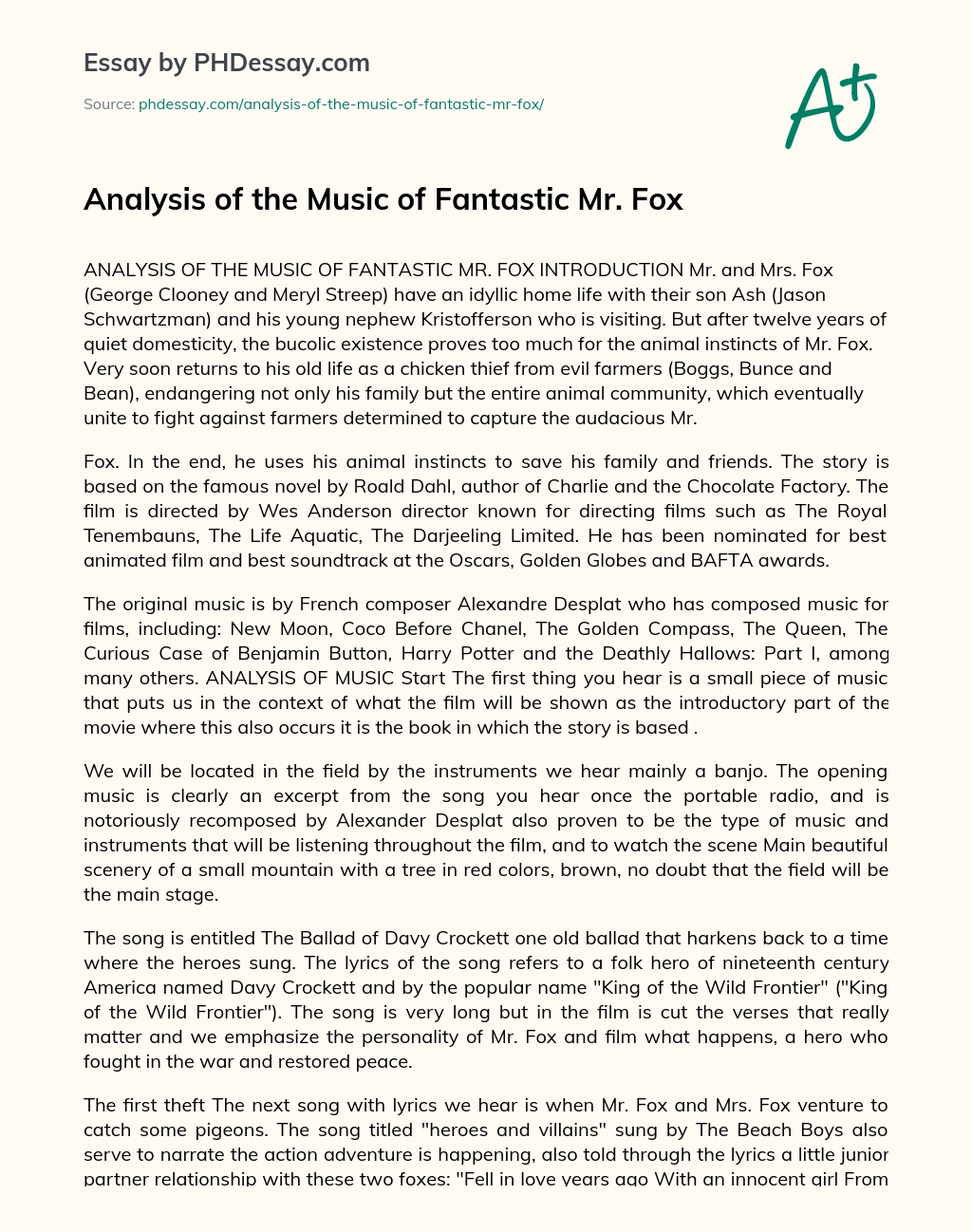 Analysis of the Music of Fantastic Mr. Fox essay