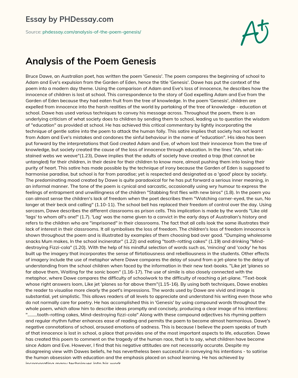 Analysis of the Poem Genesis essay