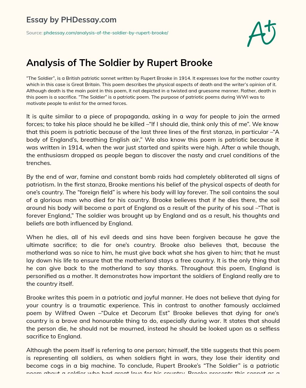 analysis of the poem the soldier by rupert brooke