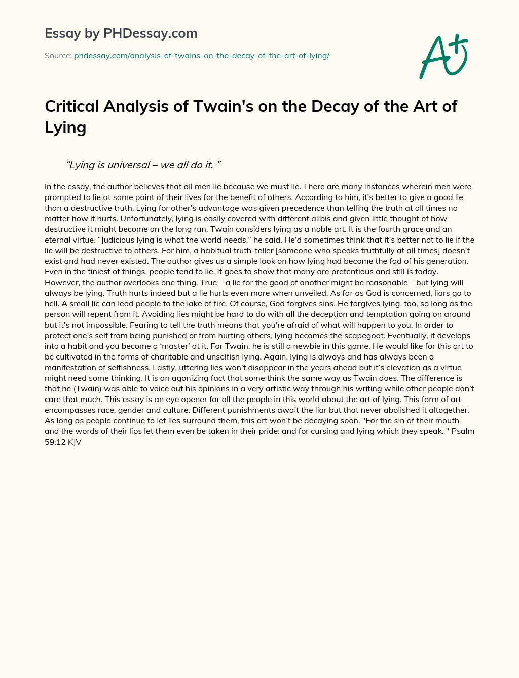 Critical Analysis of Twain’s on the Decay of the Art of Lying essay