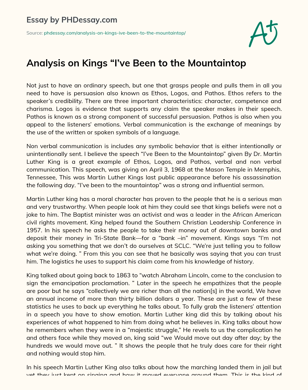 Analysis on Kings “I’ve Been to the Mountaintop essay