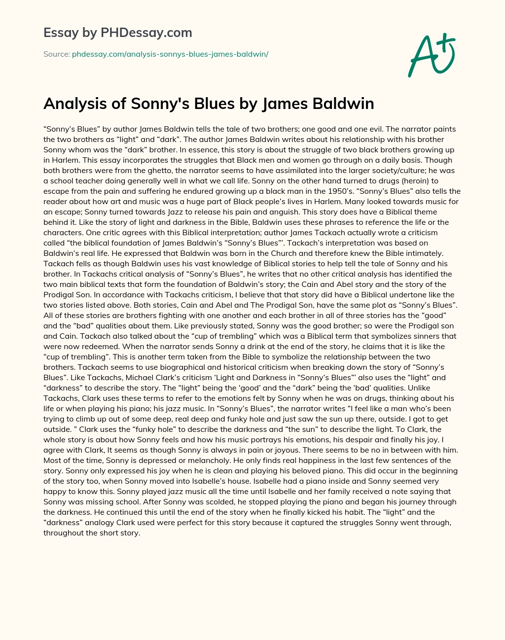 Analysis of Sonny’s Blues by James Baldwin essay