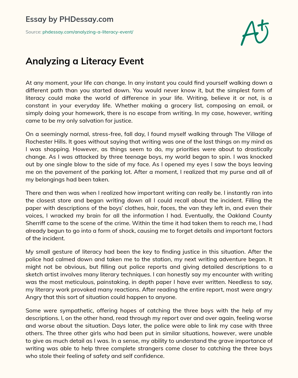 Analyzing a Literacy Event essay