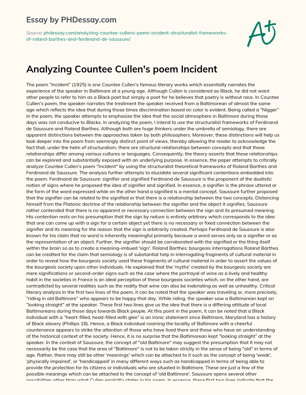 Analyzing Countee Cullen’s poem Incident essay