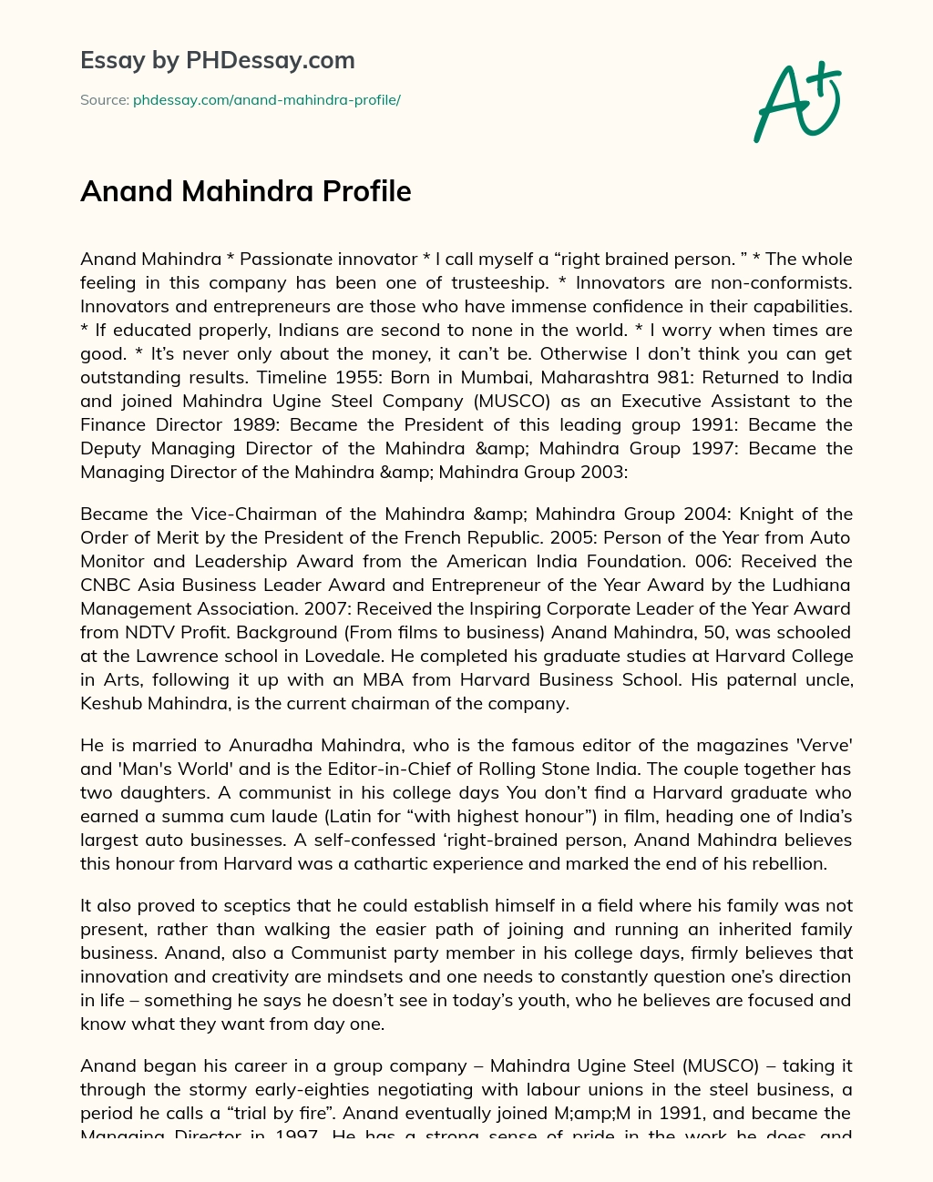 Anand Mahindra Profile essay